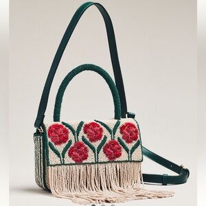 Beaded Fringe Floral Top-Handle Bag